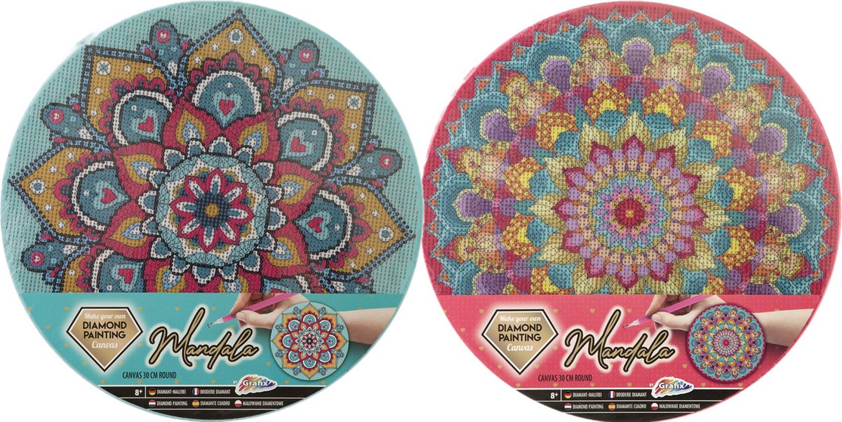 Grafix Diamond Painting Mandala Voor Kinderen | 2-pack | DIY Diamond painting canvas | Ronde canvas | 30CM | Eindresultaat ophangen aan de muur